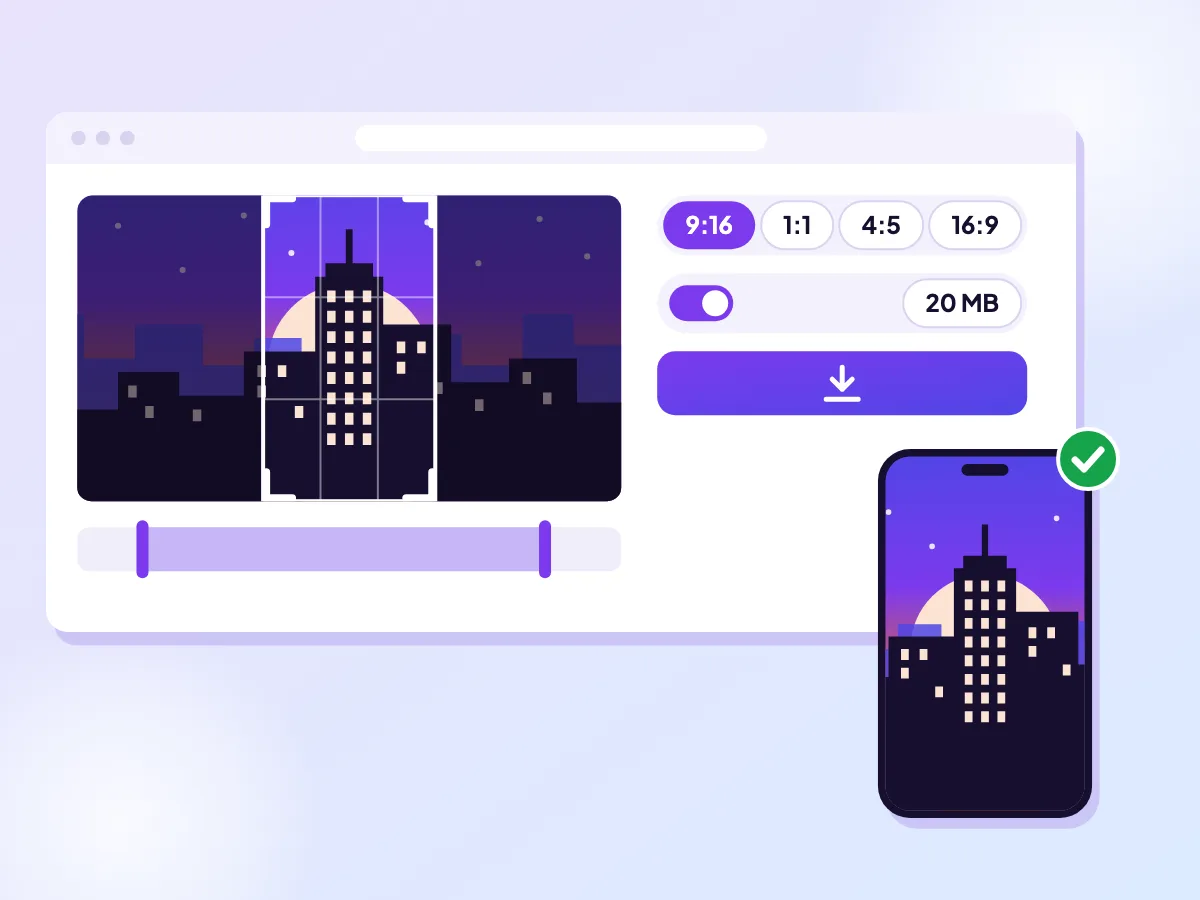A city clip in the Resize tool with a 9:16 shape and a 20 MB size limit set