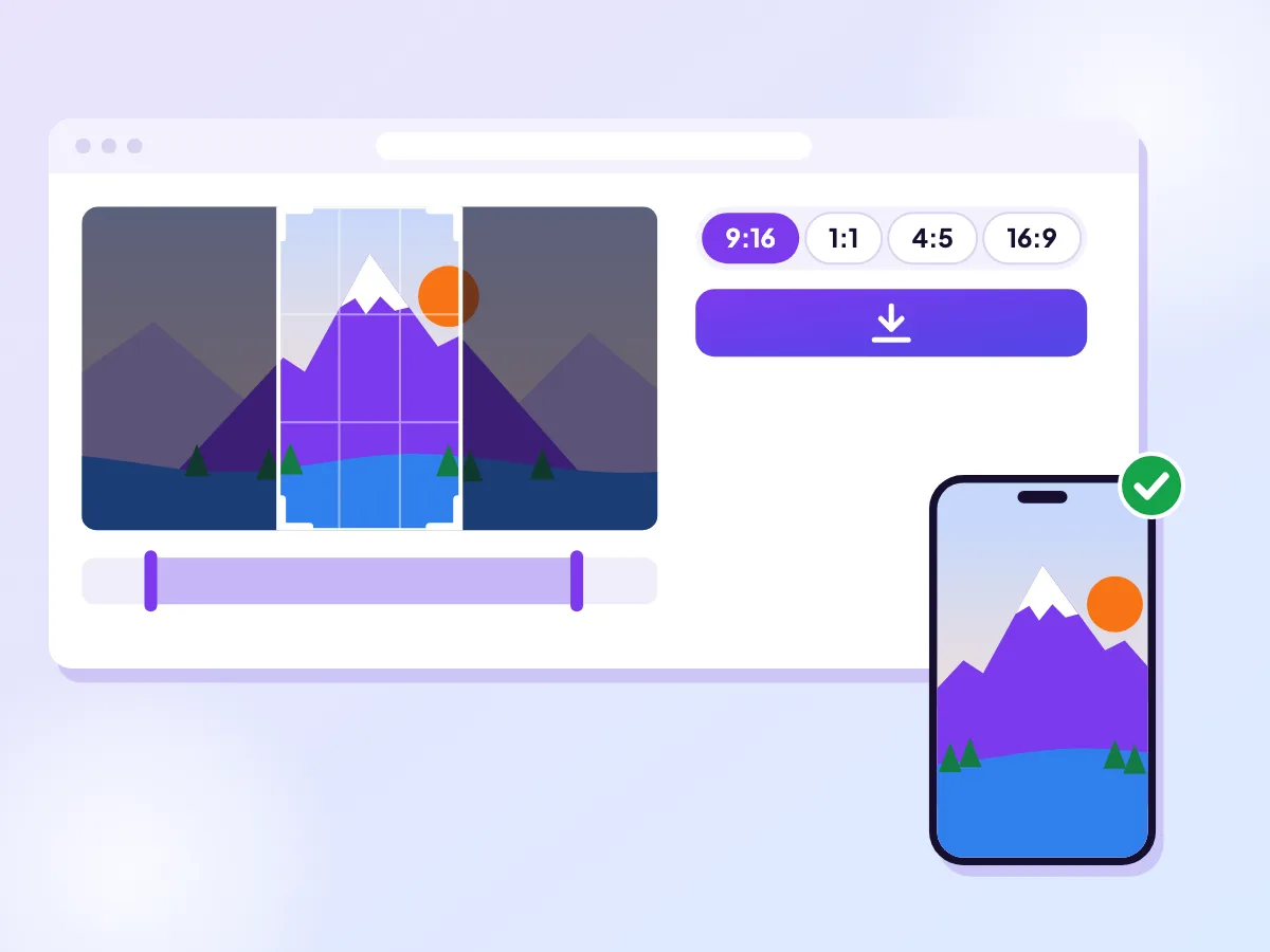 A wide 16:9 mountain clip in the Resize tool, cropped to the 9:16 shape
